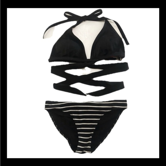 victorias secret PINK/Aerie Other - VINTAGE Victoria's Secret PINK Black Wrap Bikini Top & Aerie Striped Bottom XS